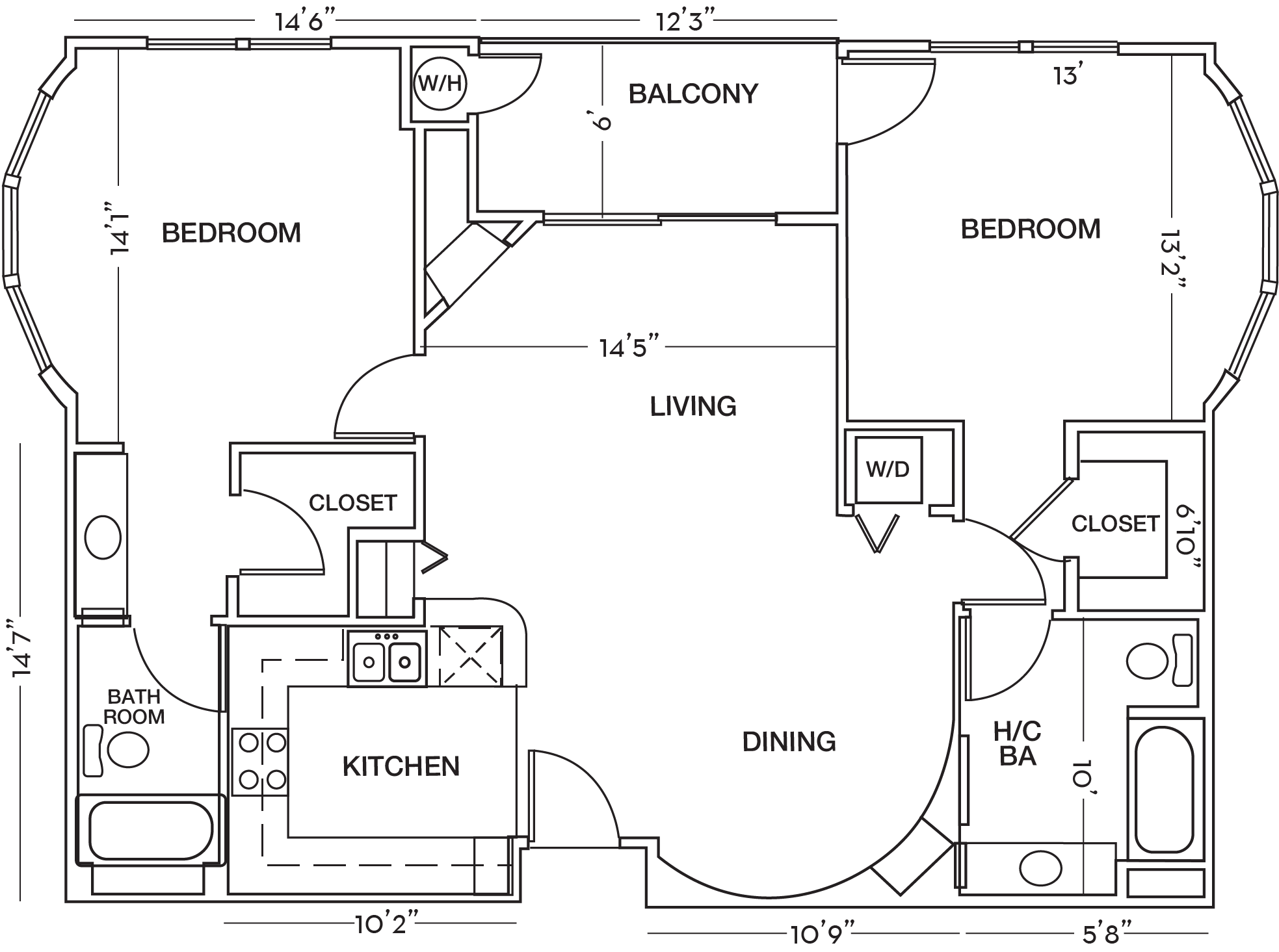 Two Bedroom Floor Plan at Toluca Court, Toluca Lake, 91602